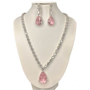 Glam Crystal Diva Tear Drop Pink Citrine Necklace on Titanium, 12 inches long